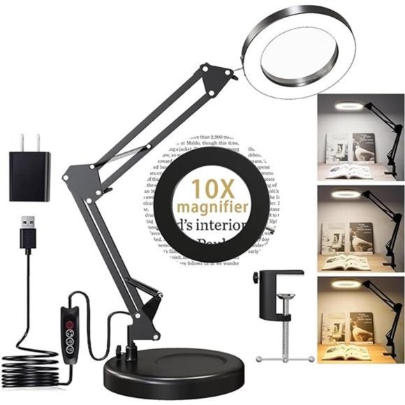 Magnifying Glass w/ Light, 10X Magnifying Lamp, 2in1 LED Lighted Desk Magnifier - Picture 8 of 8